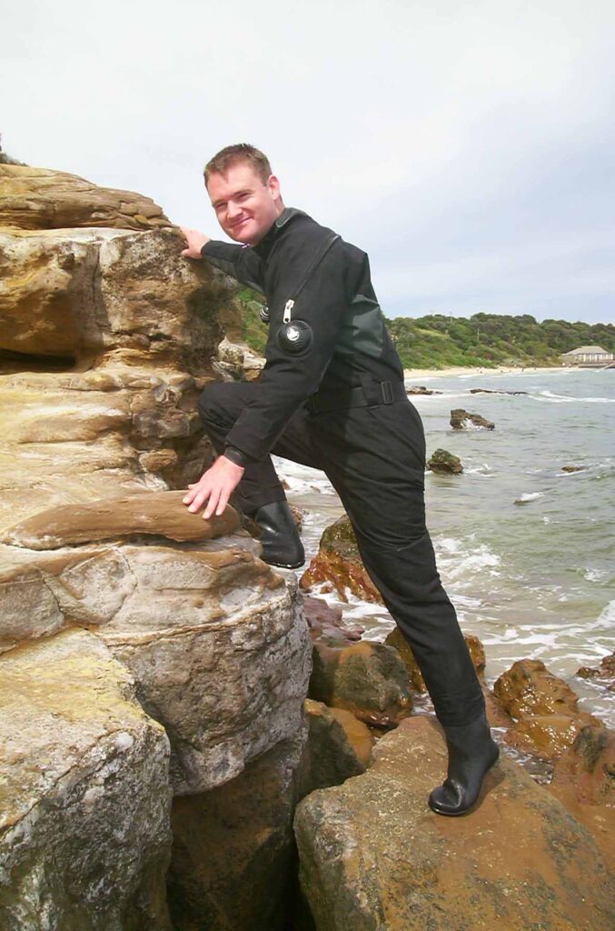 Patrick van der Burght in the HotnDry Explorer drysuit in 2001. Using persuasion science to recover brand disaster and move to market leadership ethically.