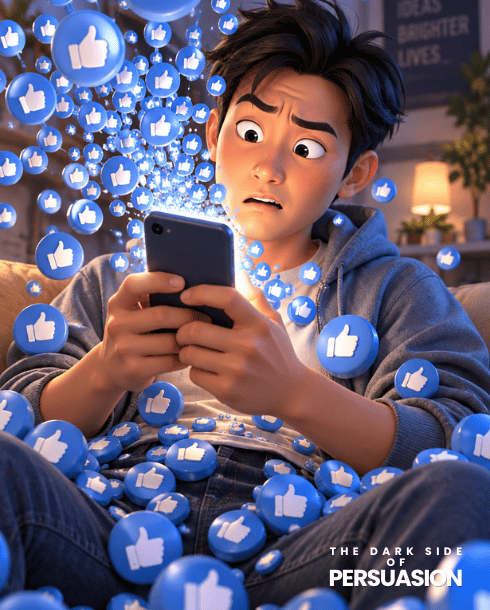 Illustration of a confused social media user surrounded by an overwhelming number of thumbs-up reactions emerging from their phone.