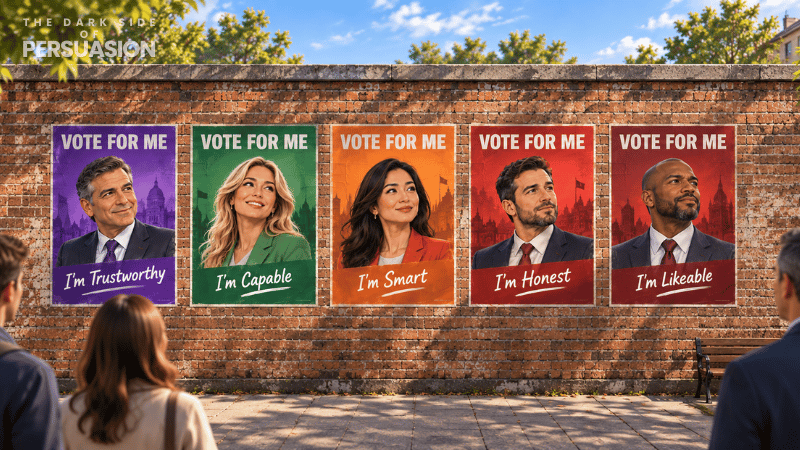 Five attractive political candidates appear on colourful campaign posters on a brick wall, illustrating the Halo Effect and how physical attractiveness can influence voters’ perceptions of qualities such as trustworthiness, capability, intelligence, honesty and likeability.