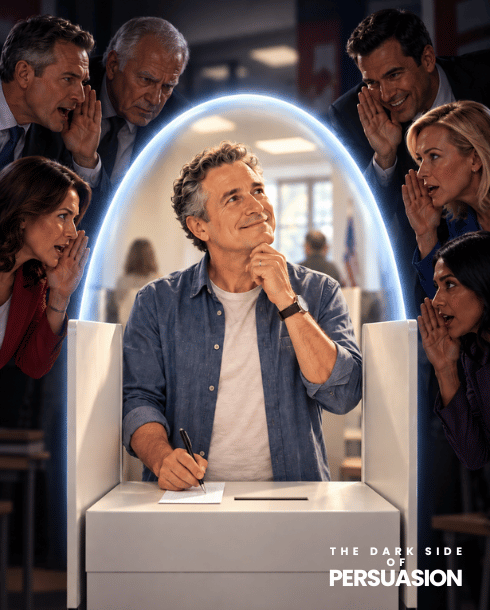 A confident voter calmly considers his ballot inside a protective force field while people outside try to influence his decision, illustrating independent thinking and resistance to political persuasion.