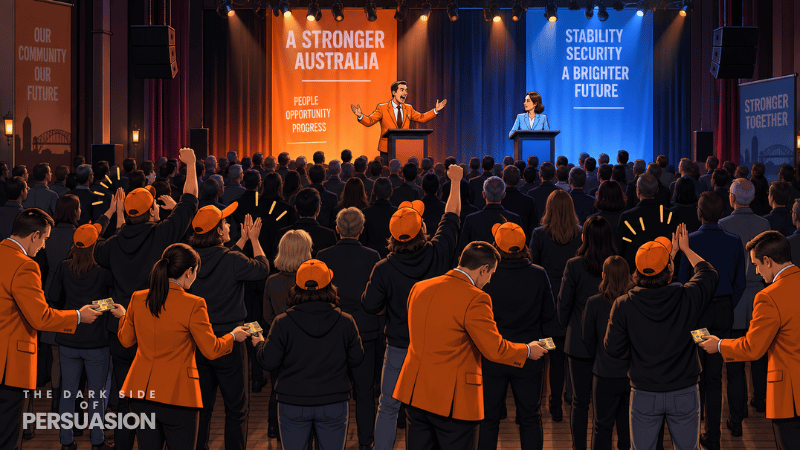 Satirical illustration of political campaign workers paying planted supporters in a crowd to enthusiastically applaud during a political debate.
