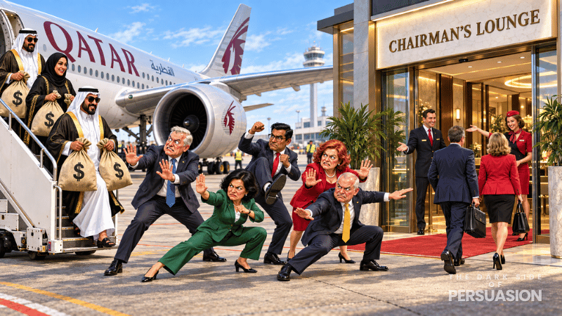 Satirical illustration of Qatar Airways representatives being blocked by Australian politicians while other politicians are welcomed into the Chairman’s Lounge.