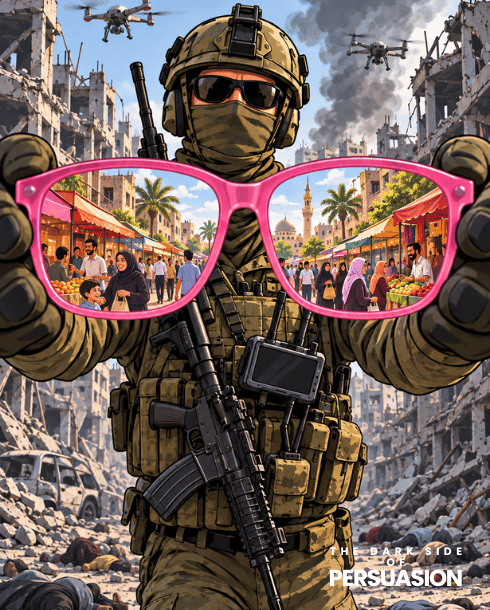 Satirical illustration of a soldier holding pink glasses that transform a war-damaged street into a peaceful, bustling marketplace.