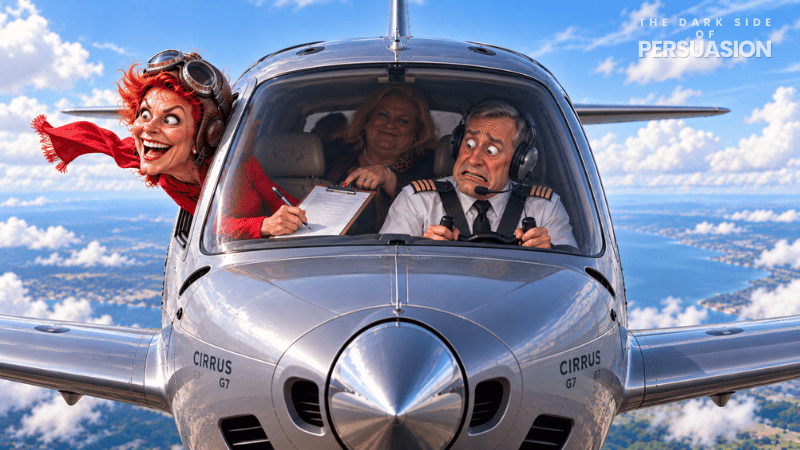 Satirical illustration of Pauline Hanson flying in a Cirrus G7 aircraft gifted to One Nation by a Gina Rinehart company.