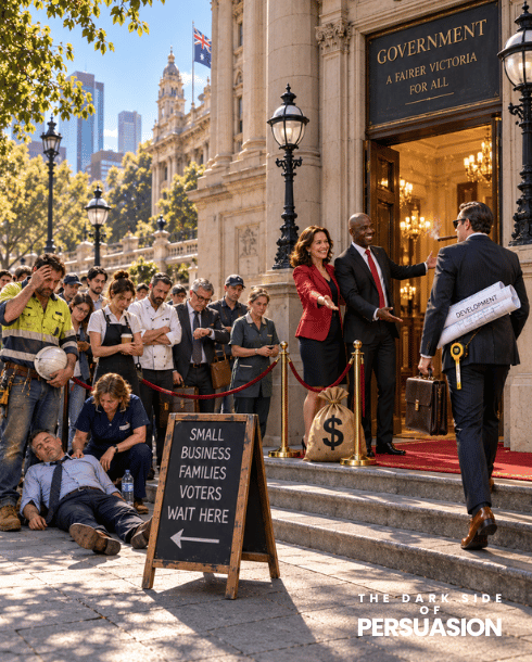 Two Labor MPs usher a property developer into a government building while small business owners and voters wait outside.