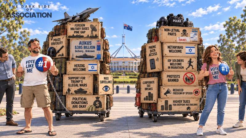 Satirical illustration of two cheerful Australian voters unaware of the political baggage due to the power of association they are dragging behind them while others look on.