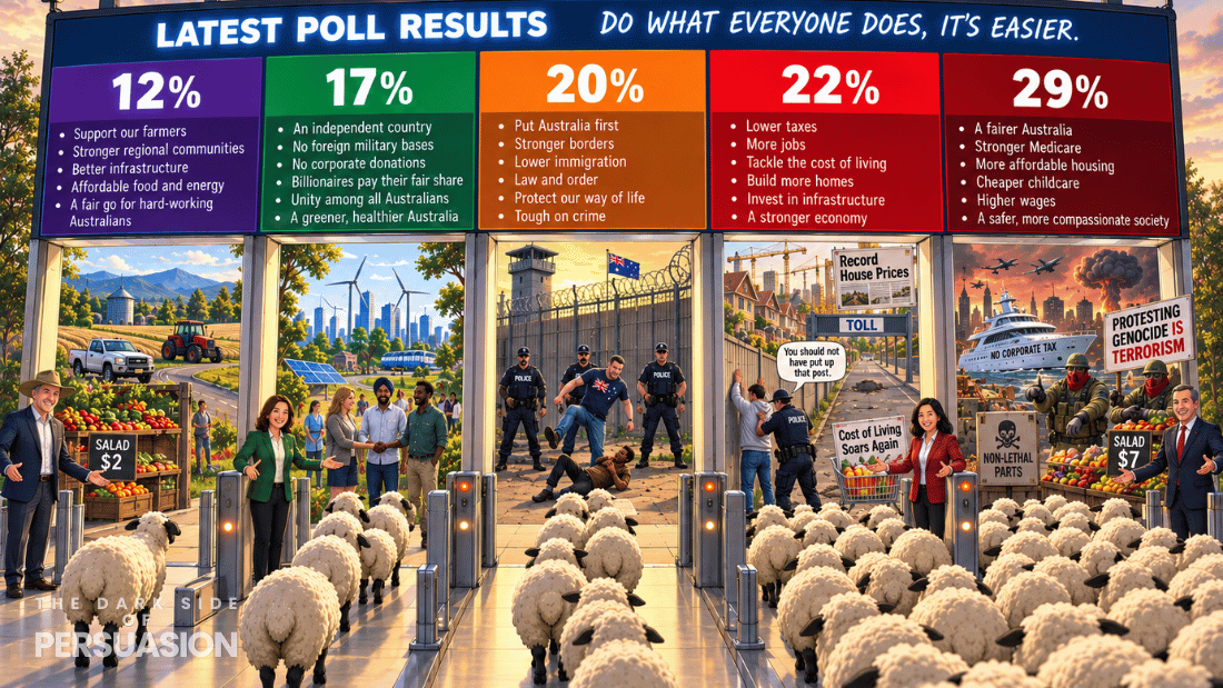 Satirical illustration of sheep following political pathways beneath polling percentages, representing how opinion polls can influence voter behaviour.