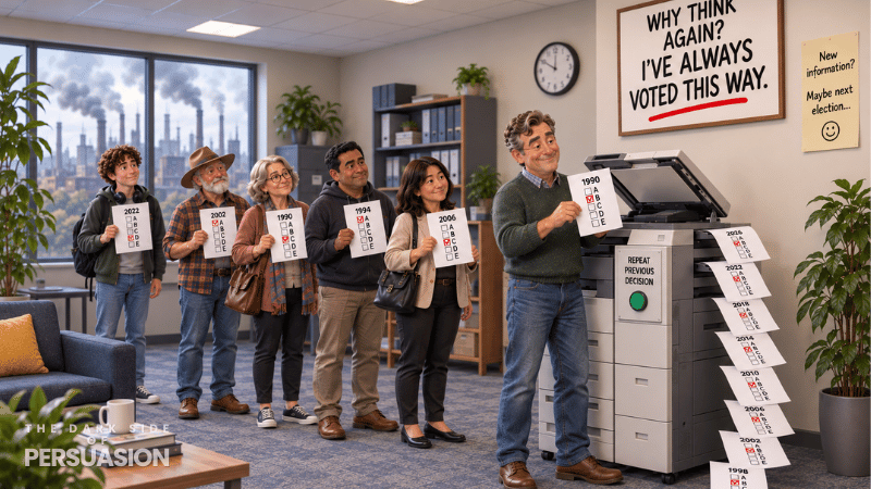 Satirical illustration of voters photocopying their previous ballots, repeatedly selecting the same option rather than reconsidering their choice.