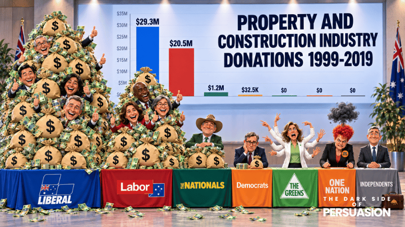 Cartoon showing Australian political parties with money representing property and construction industry donations from 1999 to 2019.