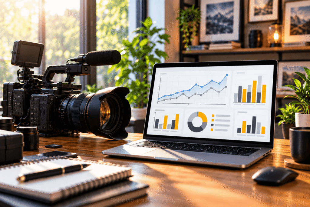 Behavioural Photography illustrated by a video camera and laptop displaying measurable behavioural results.