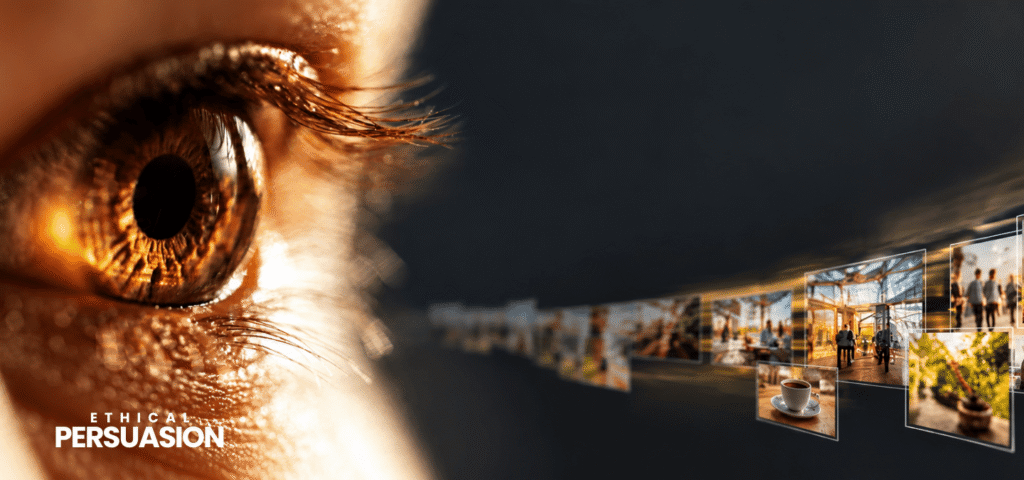 Close-up of a human eye surrounded by photographic images, representing Behavioural Photography and the psychology of how visual communication influences behaviour.