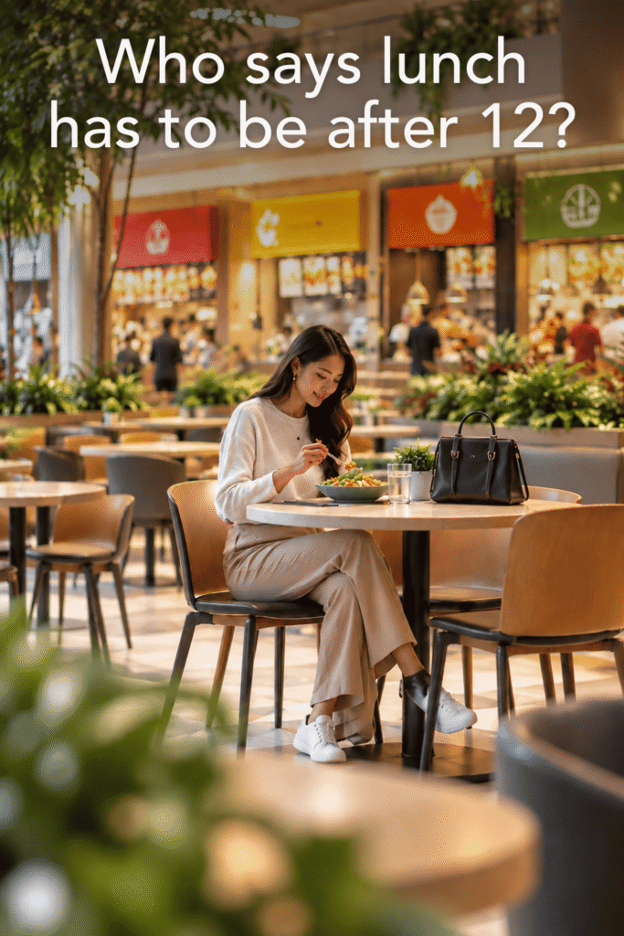Woman eating lunch alone in a shopping centre food court, illustrating how imagery can influence perceptions of normal behaviour.